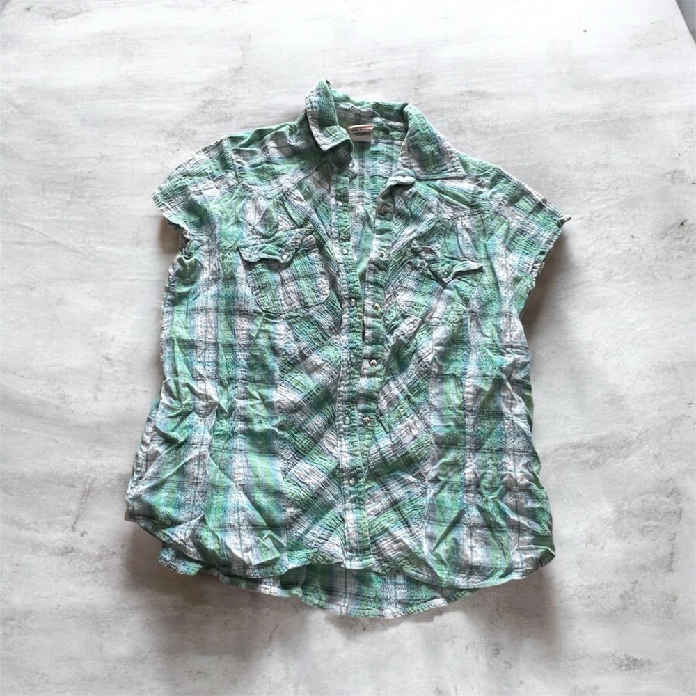 Faded Glory Teal and White Plaid Blouse 537